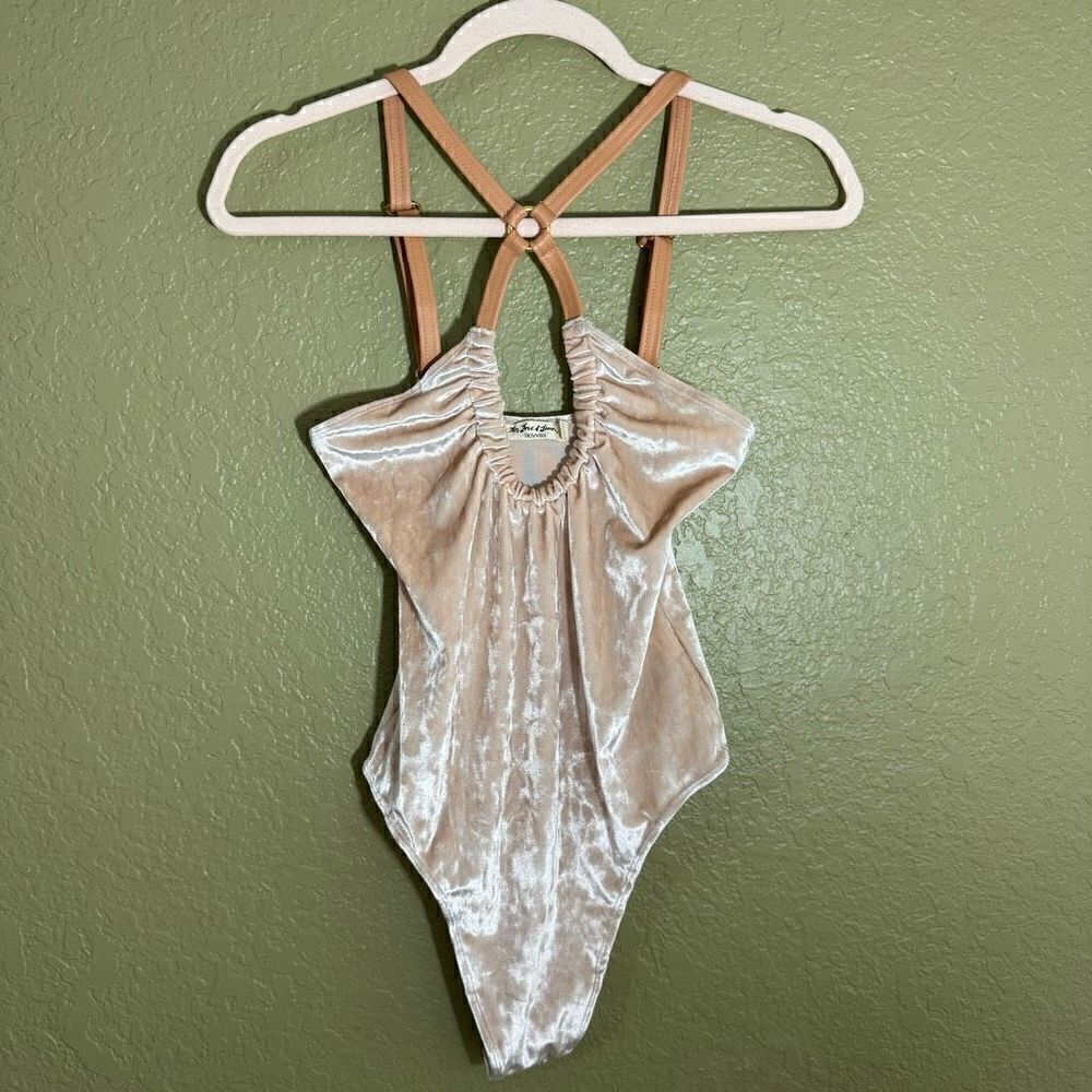 For Love And Lemons Size S Lula Velvet Bodysuit Blush Bondage Strap Neckline